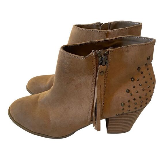 Camel Colored Faux Suede Ankle Boots w/ Side Zipper & Brass Toned Stud Accents. - Picture 2 of 6